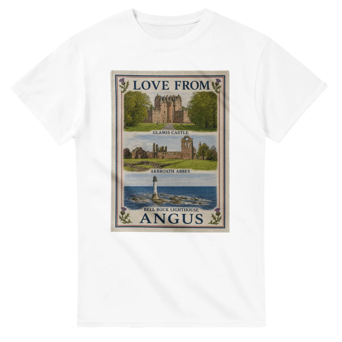 Framed scenic design for Angus, with several local views, a decorative border and LOVE FROM lettering.
