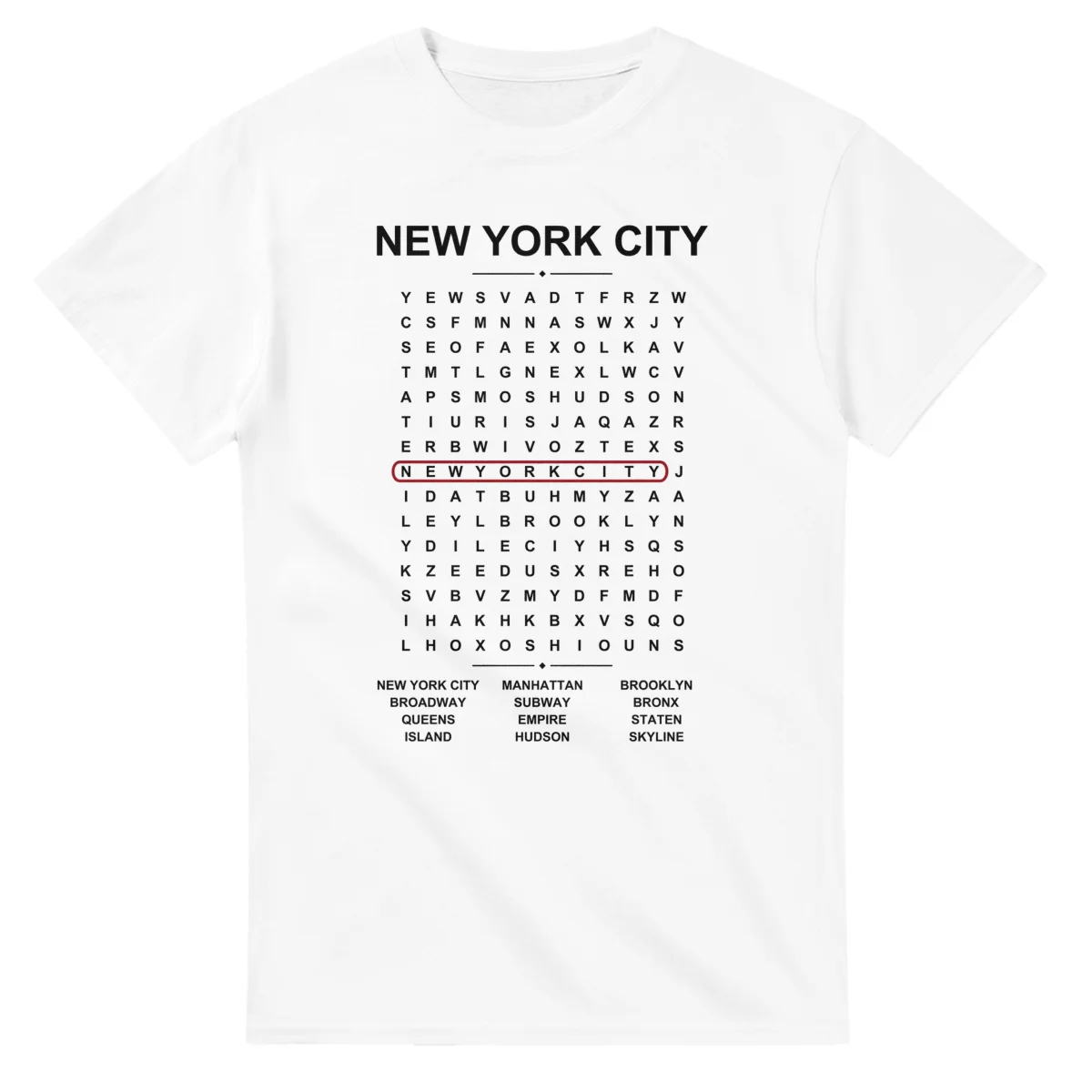 Word-search sheet for New York City, with a large place-name heading, a letter grid, a local answer list, and a red highlighted example word.