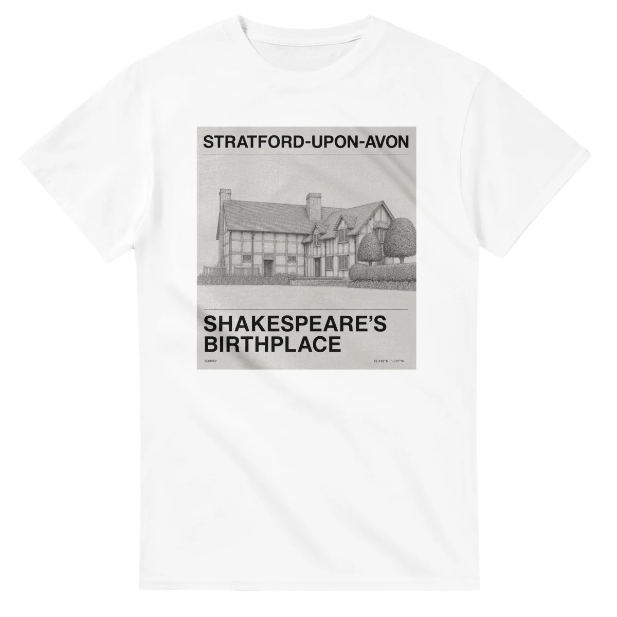 Fine-line engraving-style drawing for Stratford-upon-Avon, with a landmark caption and small coordinate text.