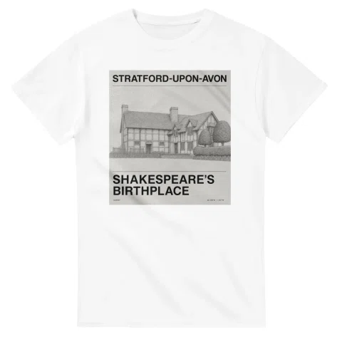 Fine-line engraving-style drawing for Stratford-upon-Avon, with a landmark caption and small coordinate text.
