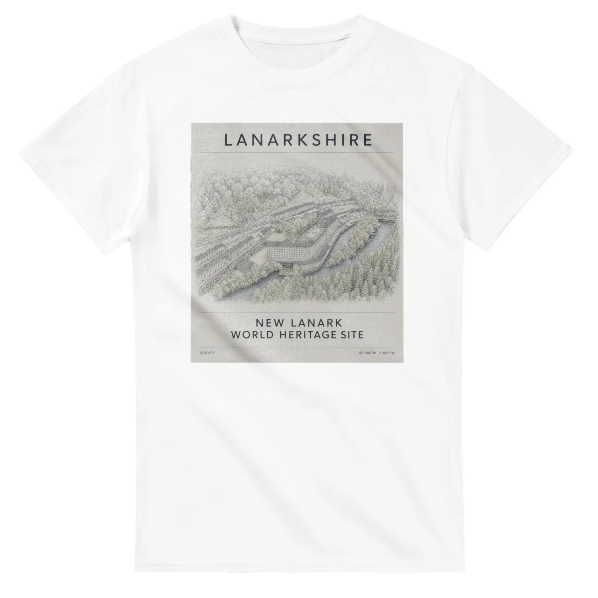 Fine-line engraving-style drawing for Lanarkshire, with a landmark caption and small coordinate text.