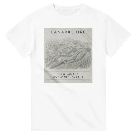 Fine-line engraving-style drawing for Lanarkshire, with a landmark caption and small coordinate text.