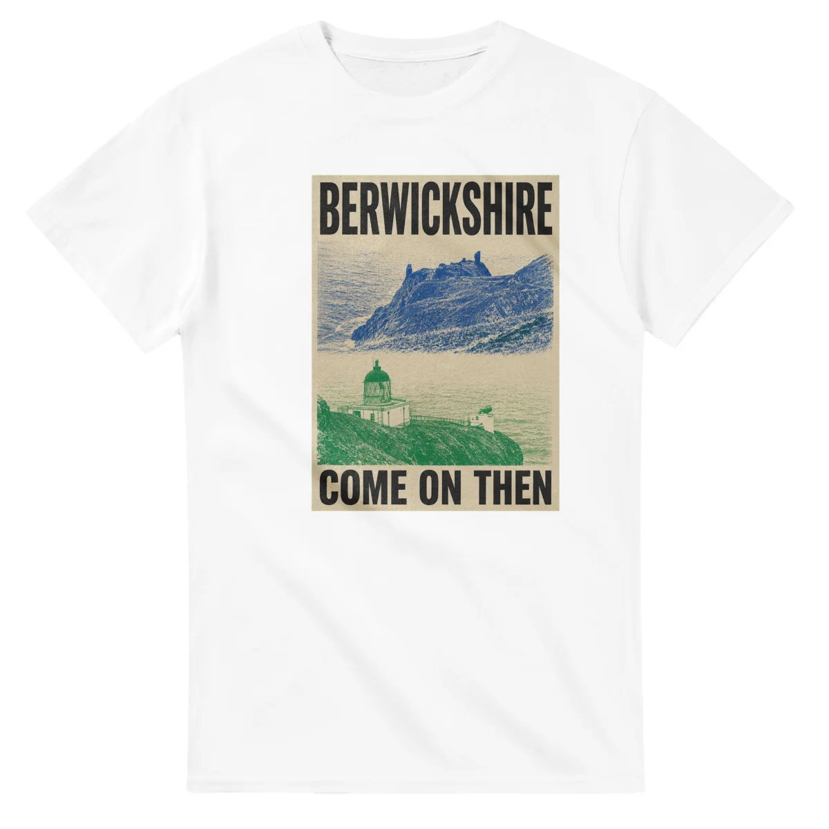 Two-colour scenic illustration for Berwickshire, with the place name and COME ON THEN lettering.