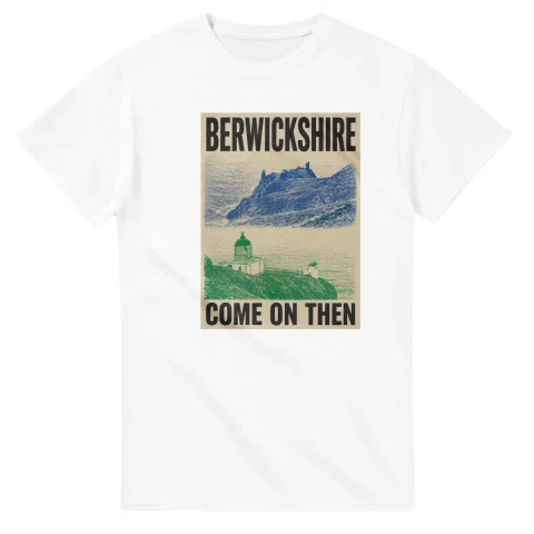 Two-colour scenic illustration for Berwickshire, with the place name and COME ON THEN lettering.