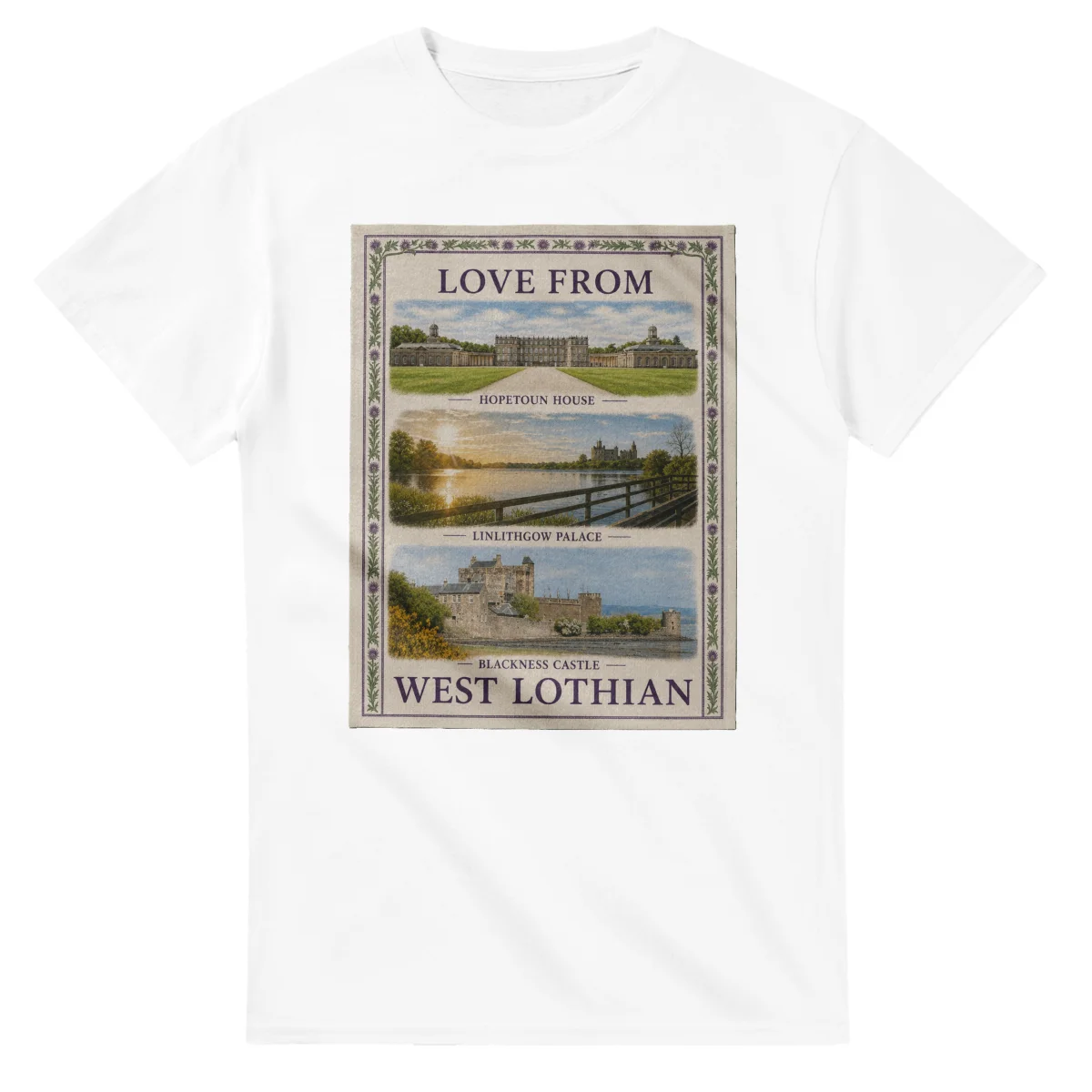 Framed scenic design for West Lothian, with several local views, a decorative border and LOVE FROM lettering.