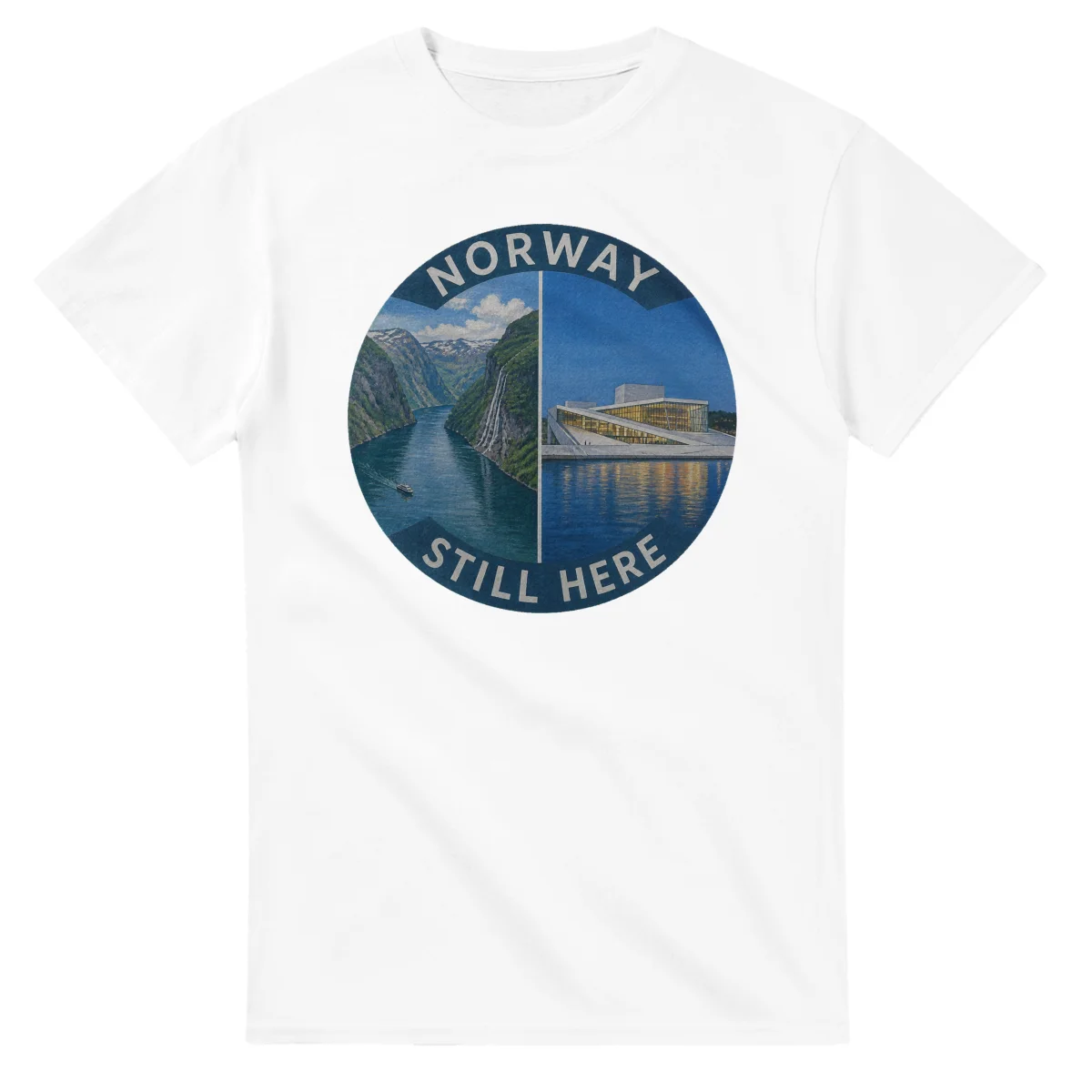Painted, panelled scenic illustration for Norway, with paired local scenes and the place name in lettering.