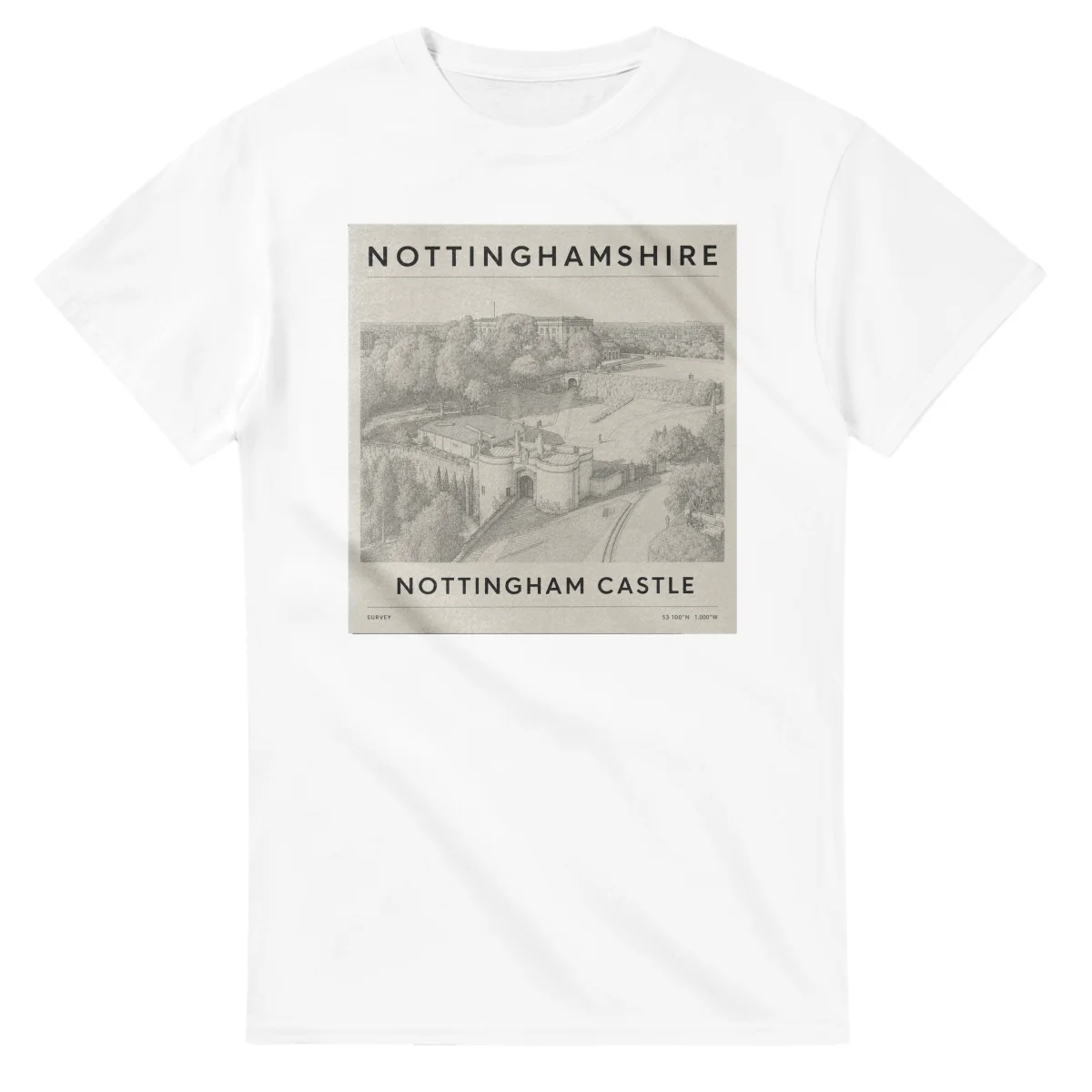 Fine-line engraving-style drawing for Nottinghamshire, with a landmark caption and small coordinate text.