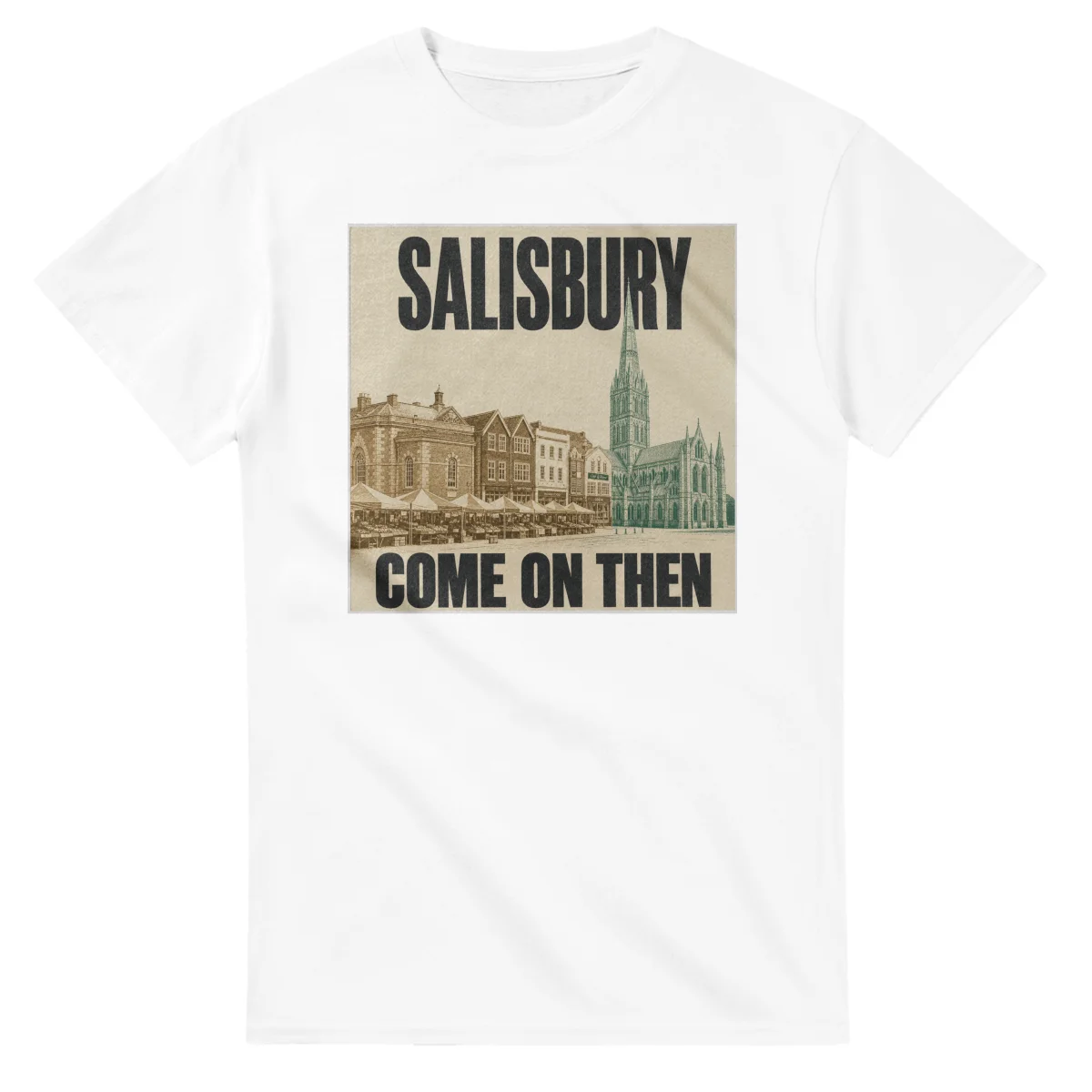 Two-colour scenic illustration for Salisbury, with the place name and COME ON THEN lettering.