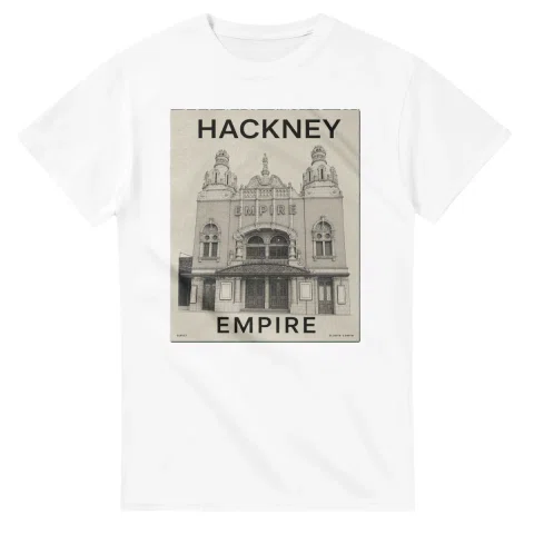 Fine-line engraving-style drawing for London Borough of Hackney, with a landmark caption and small coordinate text.