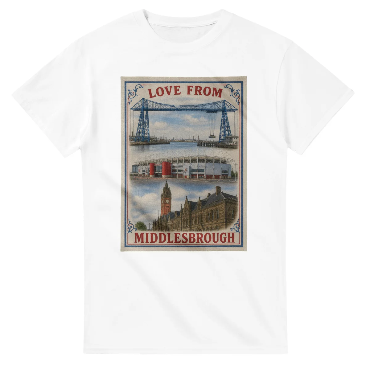 Framed scenic design for Middlesbrough, with several local views, a decorative border and LOVE FROM lettering.