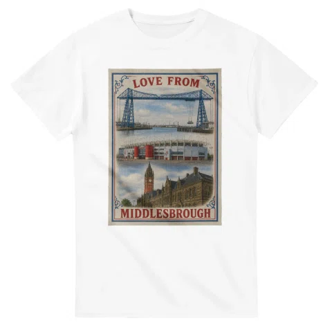 Framed scenic design for Middlesbrough, with several local views, a decorative border and LOVE FROM lettering.
