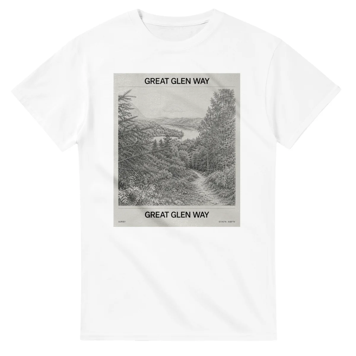 Fine-line engraving-style drawing for Great Glen Way, with a landmark caption and small coordinate text.