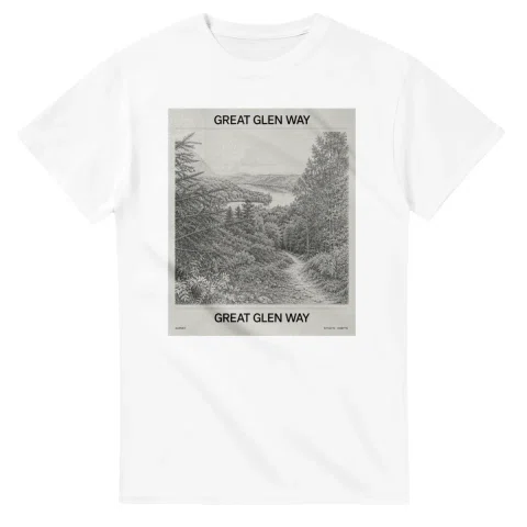 Fine-line engraving-style drawing for Great Glen Way, with a landmark caption and small coordinate text.