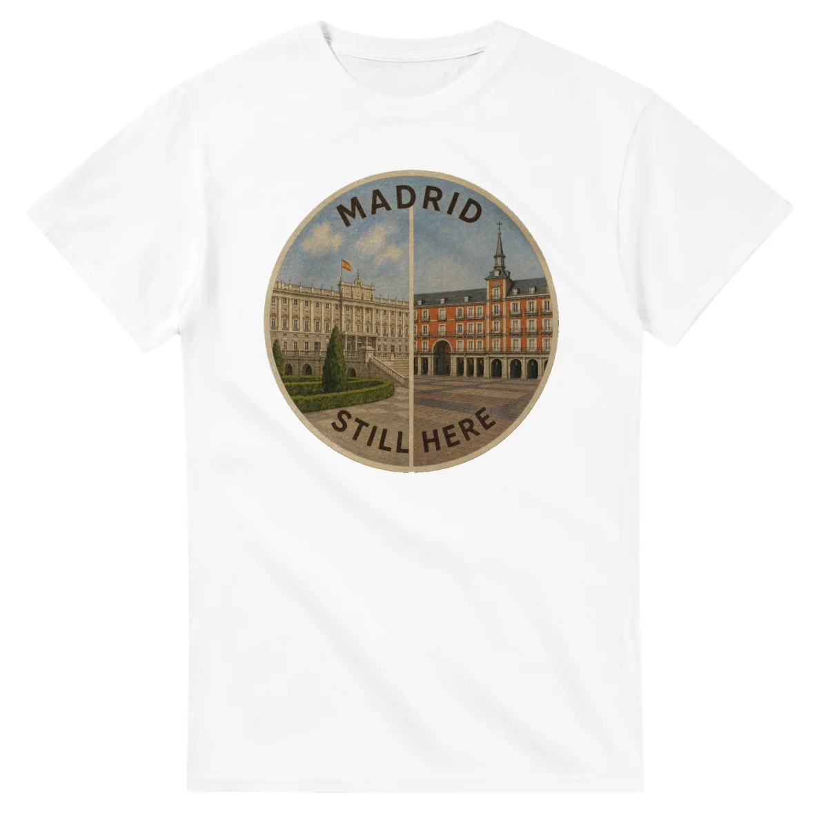 Painted, panelled scenic illustration for Madrid, with paired local scenes and the place name in lettering.