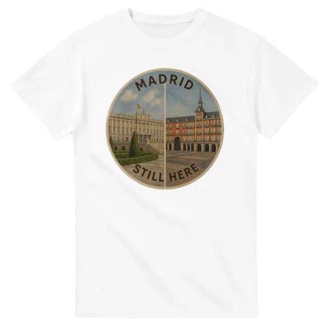 Painted, panelled scenic illustration for Madrid, with paired local scenes and the place name in lettering.
