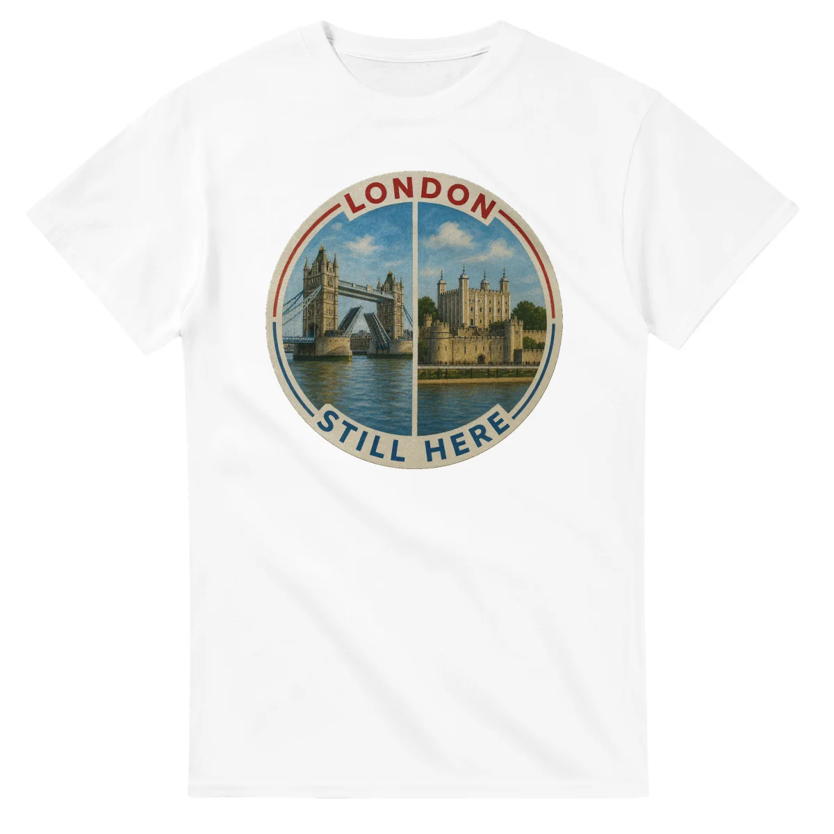 Painted, panelled scenic illustration for London, with paired local scenes and the place name in lettering.