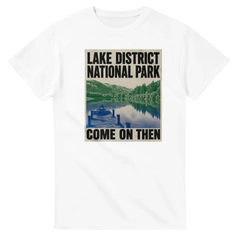 Two-colour scenic illustration for Lake District National Park, with the place name and COME ON THEN lettering.