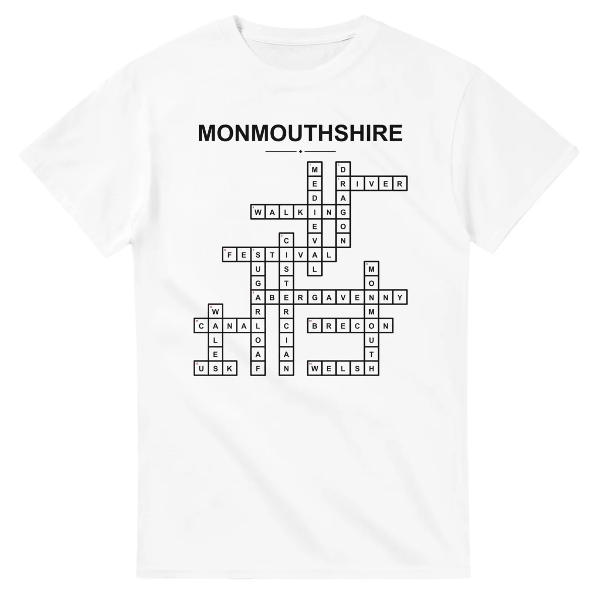Monochrome crossword sheet for Monmouthshire, with a large place-name heading, a letter grid, and numbered across and down clues.