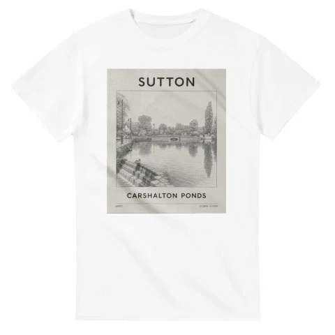 Fine-line engraving-style drawing for London Borough of Sutton, with a landmark caption and small coordinate text.