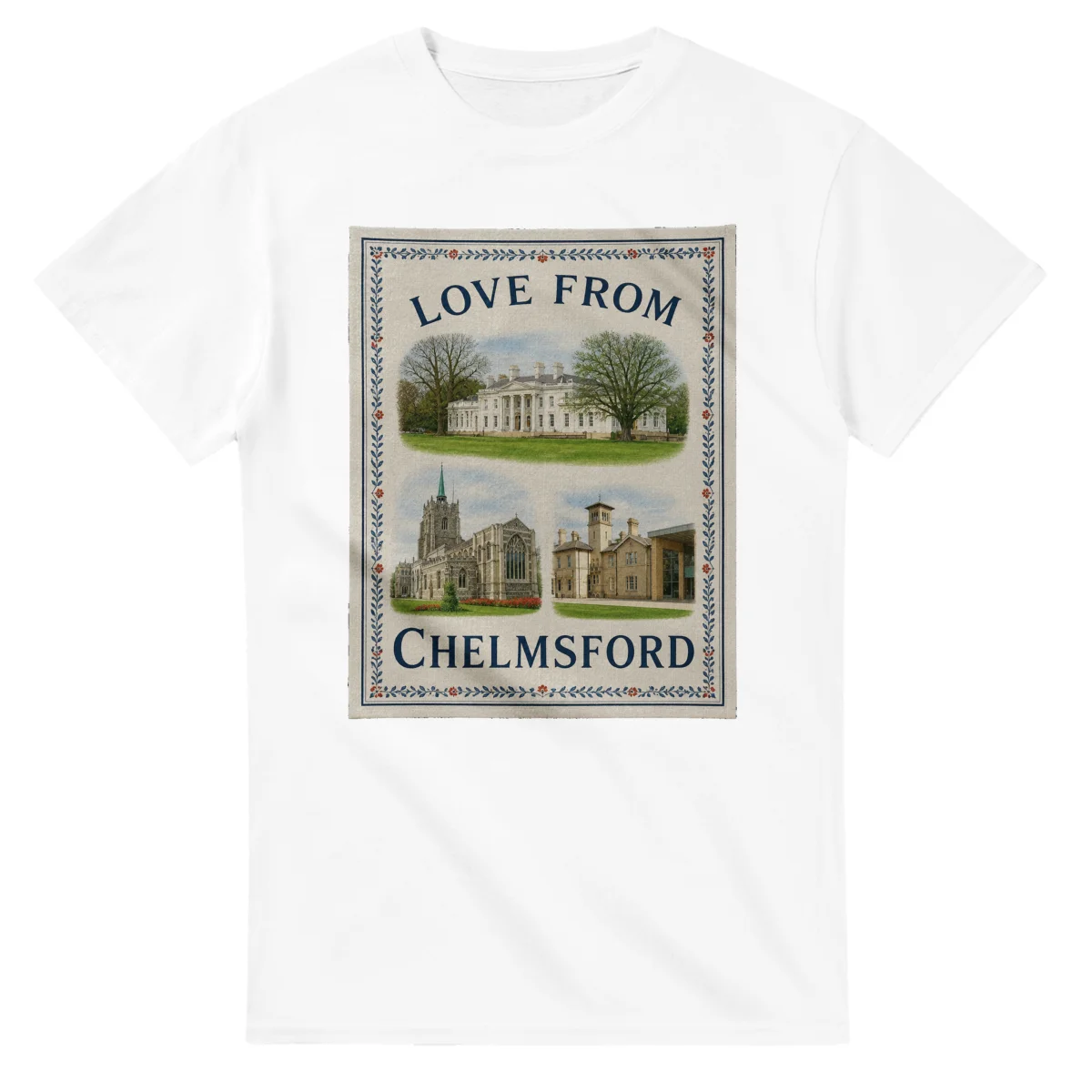 Framed scenic design for Chelmsford, with several local views, a decorative border and LOVE FROM lettering.
