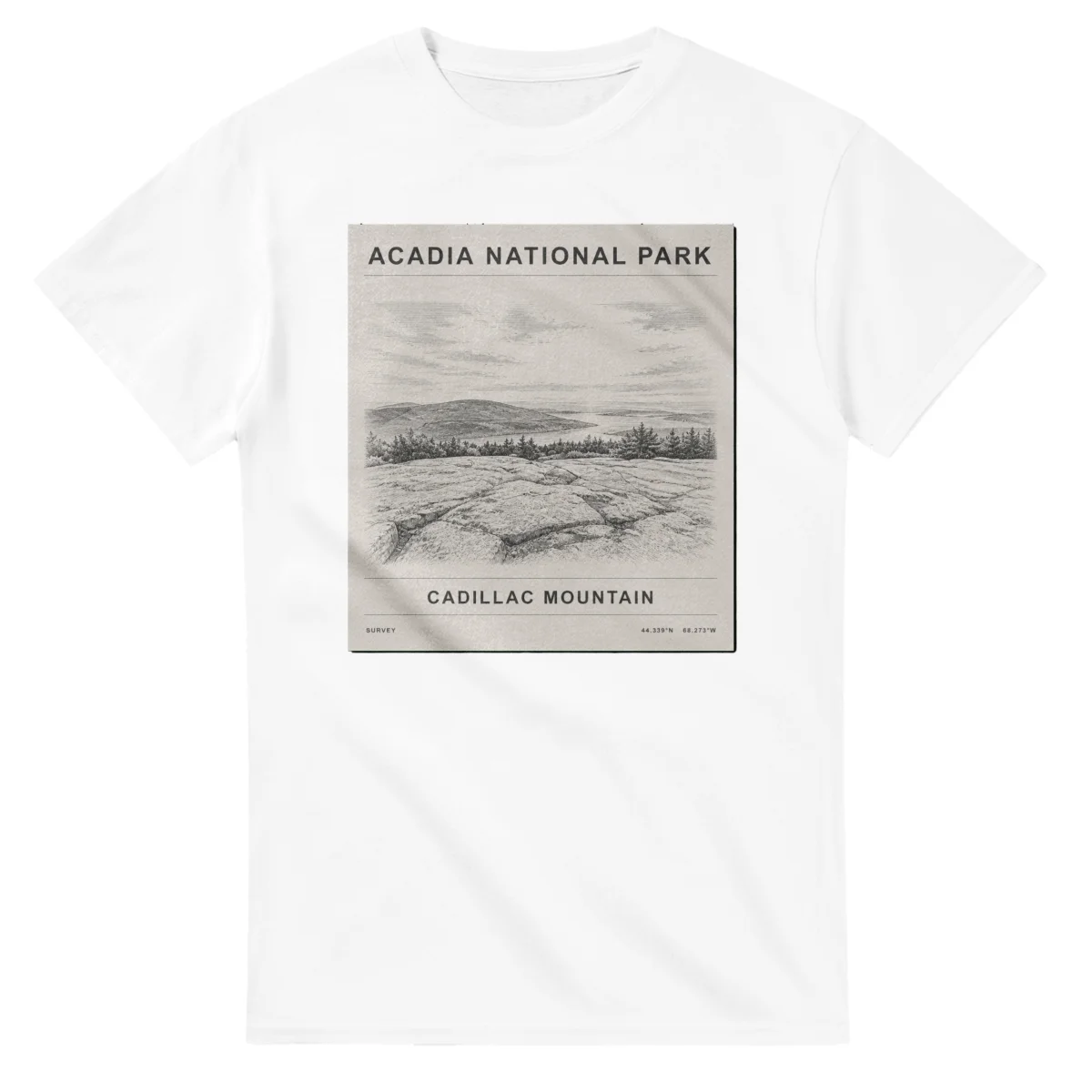 Fine-line engraving-style drawing for Acadia National Park, with a landmark caption and small coordinate text.