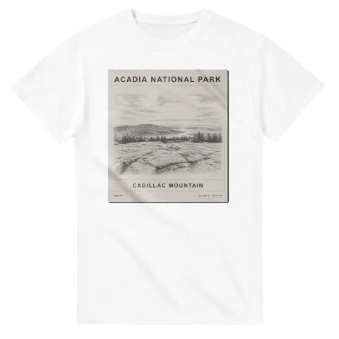 Fine-line engraving-style drawing for Acadia National Park, with a landmark caption and small coordinate text.