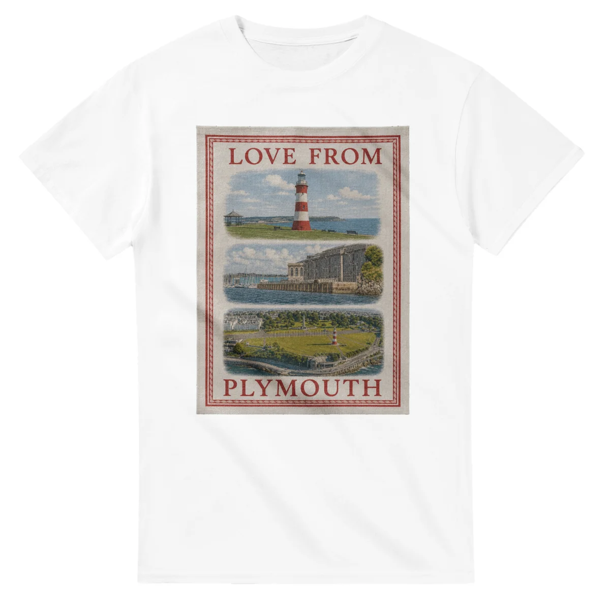 Framed scenic design for Plymouth, with several local views, a decorative border and LOVE FROM lettering.