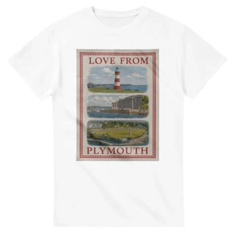 Framed scenic design for Plymouth, with several local views, a decorative border and LOVE FROM lettering.