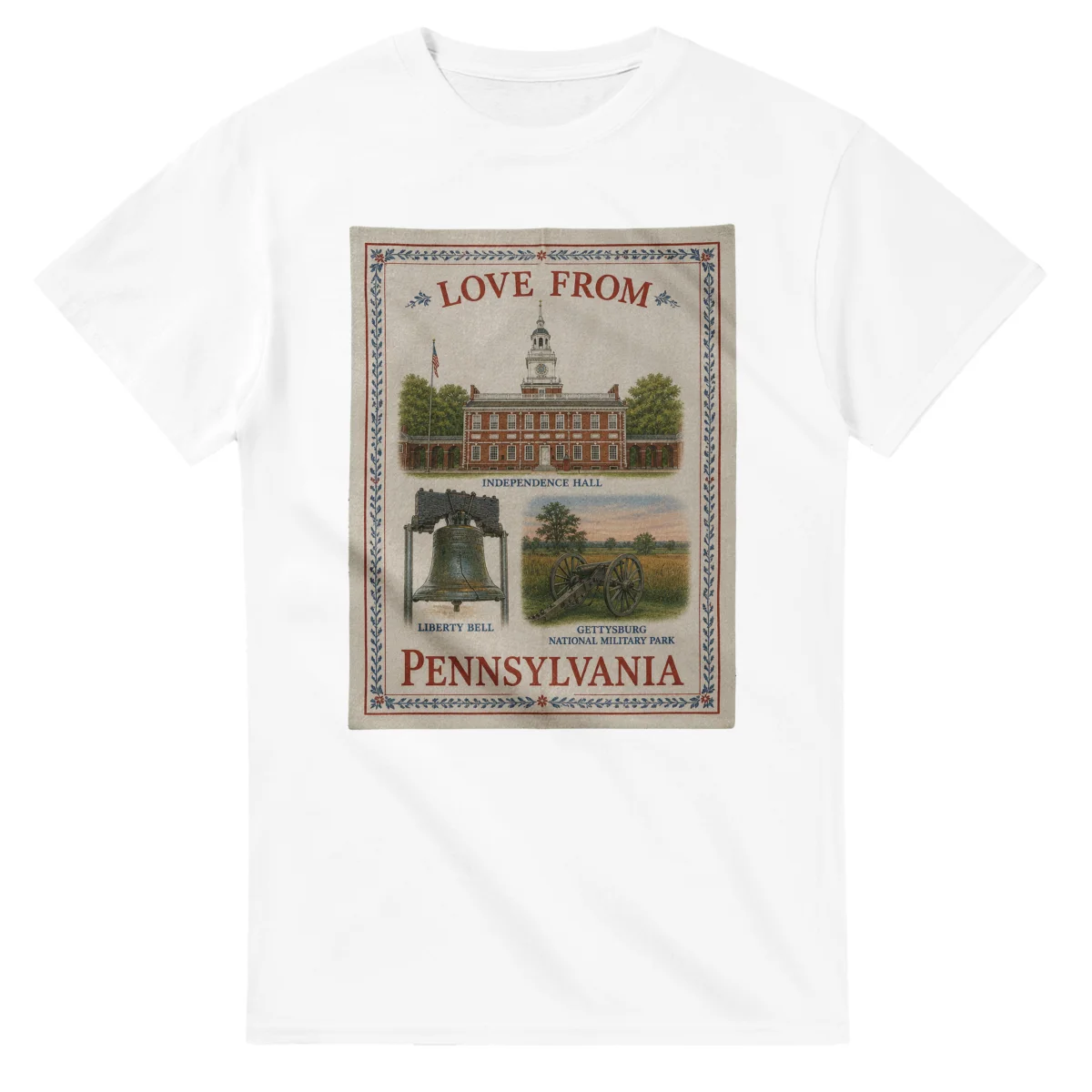 Framed scenic design for Pennsylvania, with several local views, a decorative border and LOVE FROM lettering.