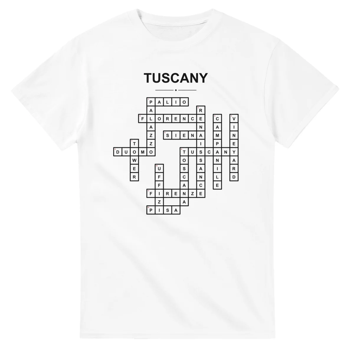 Monochrome crossword sheet for Tuscany, with a large place-name heading, a letter grid, and numbered across and down clues.