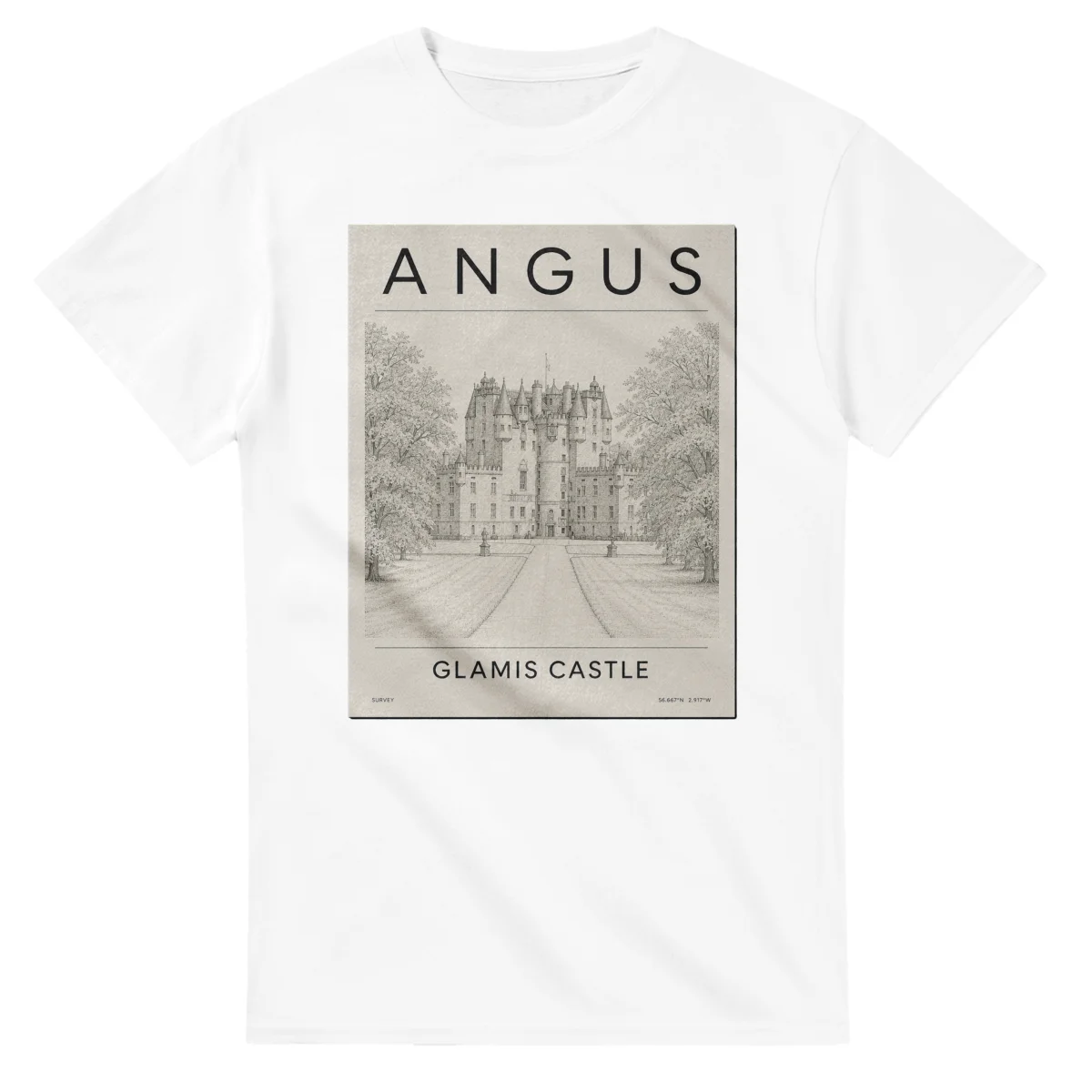 Fine-line engraving-style drawing for Angus, with a landmark caption and small coordinate text.