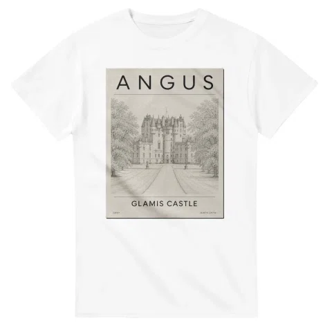 Fine-line engraving-style drawing for Angus, with a landmark caption and small coordinate text.