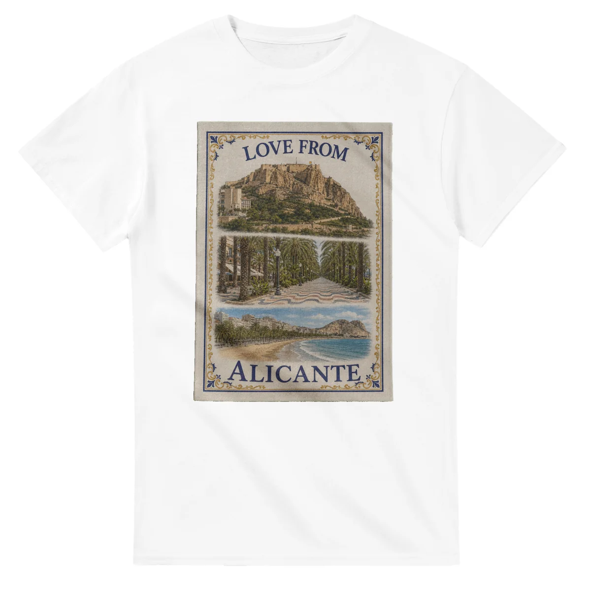 Framed scenic design for Alicante, with several local views, a decorative border and LOVE FROM lettering.