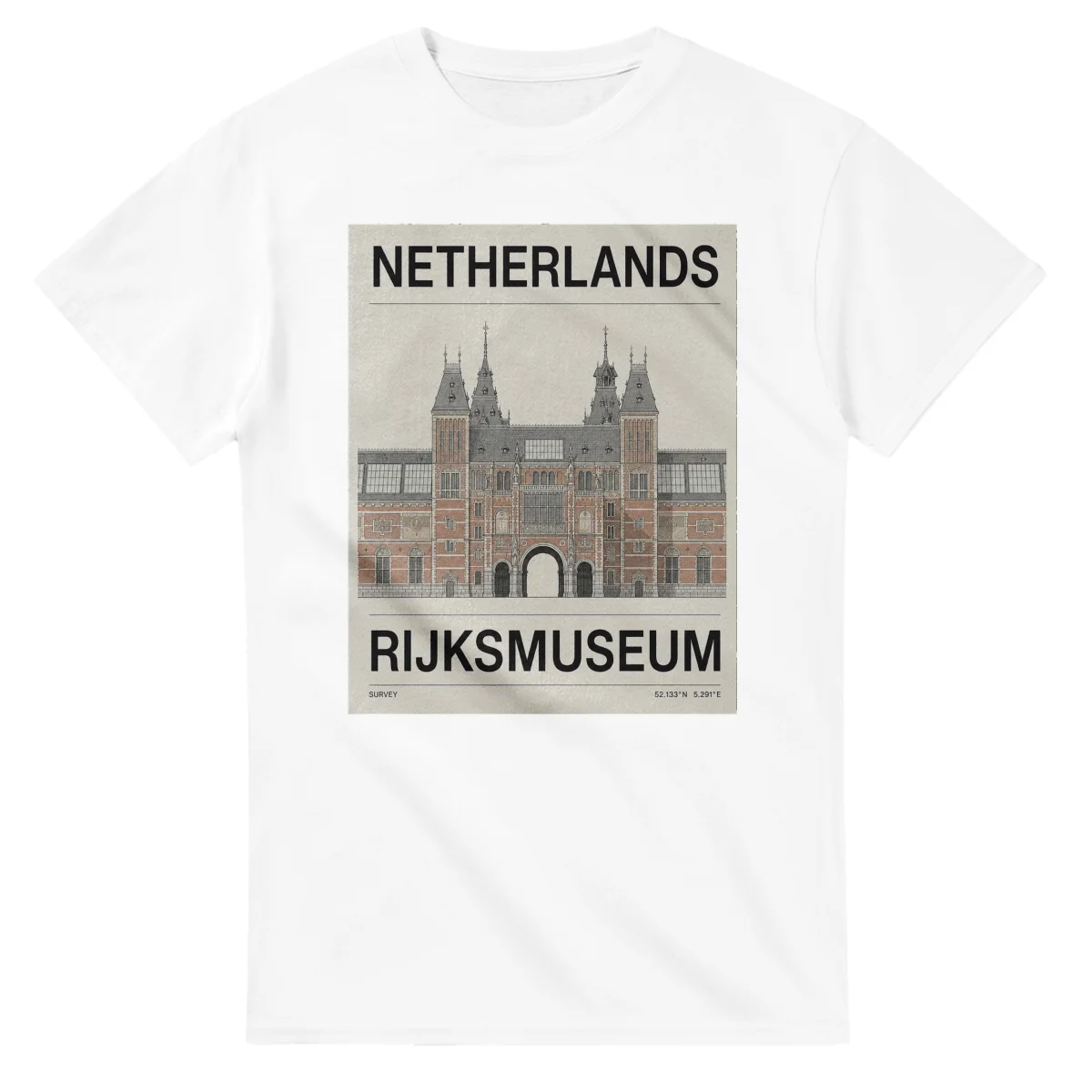 Fine-line engraving-style drawing for Netherlands, with a landmark caption and small coordinate text.
