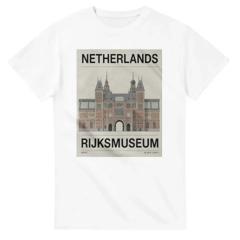 Fine-line engraving-style drawing for Netherlands, with a landmark caption and small coordinate text.