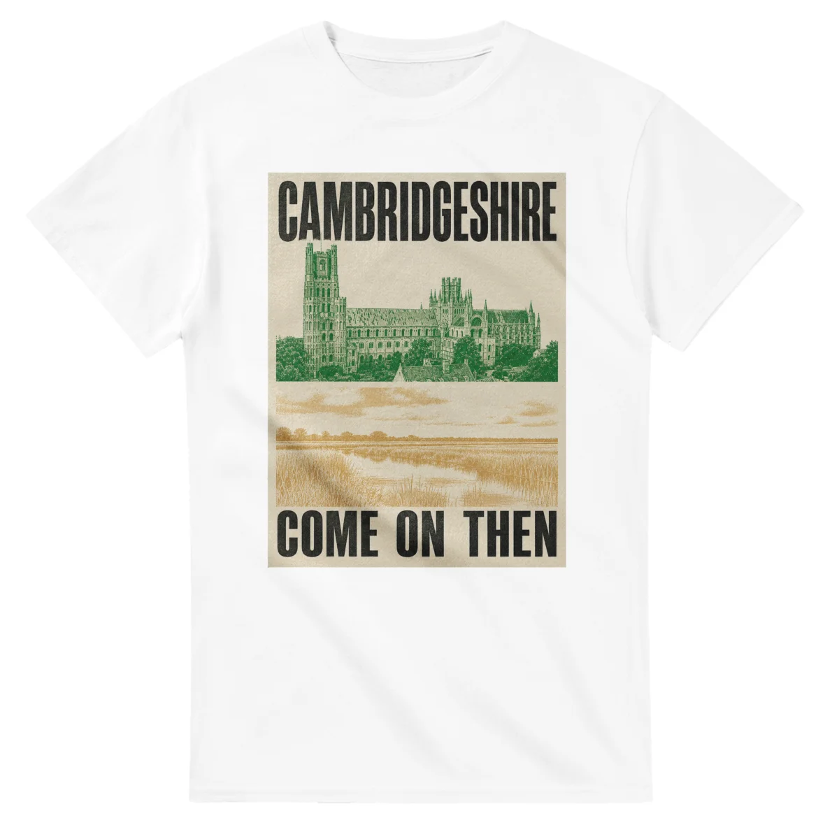 Two-colour scenic illustration for Cambridgeshire, with the place name and COME ON THEN lettering.