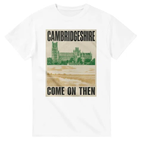 Two-colour scenic illustration for Cambridgeshire, with the place name and COME ON THEN lettering.