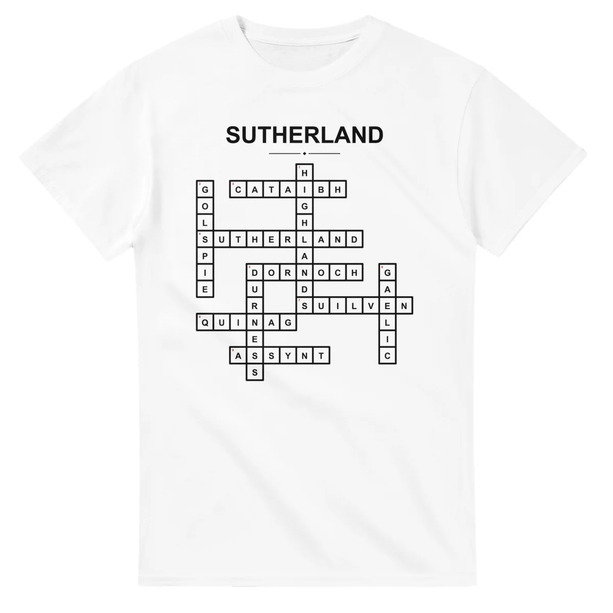 Monochrome crossword sheet for Sutherland, with a large place-name heading, a letter grid, and numbered across and down clues.