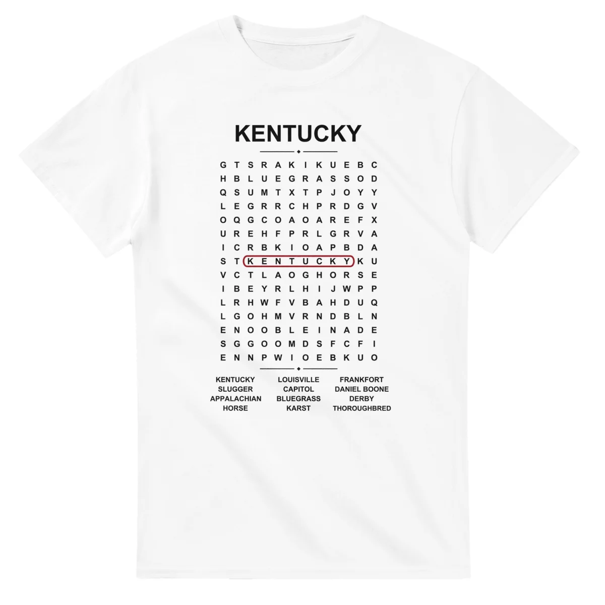 Word-search sheet for Kentucky, with a large place-name heading, a letter grid, a local answer list, and a red highlighted example word.