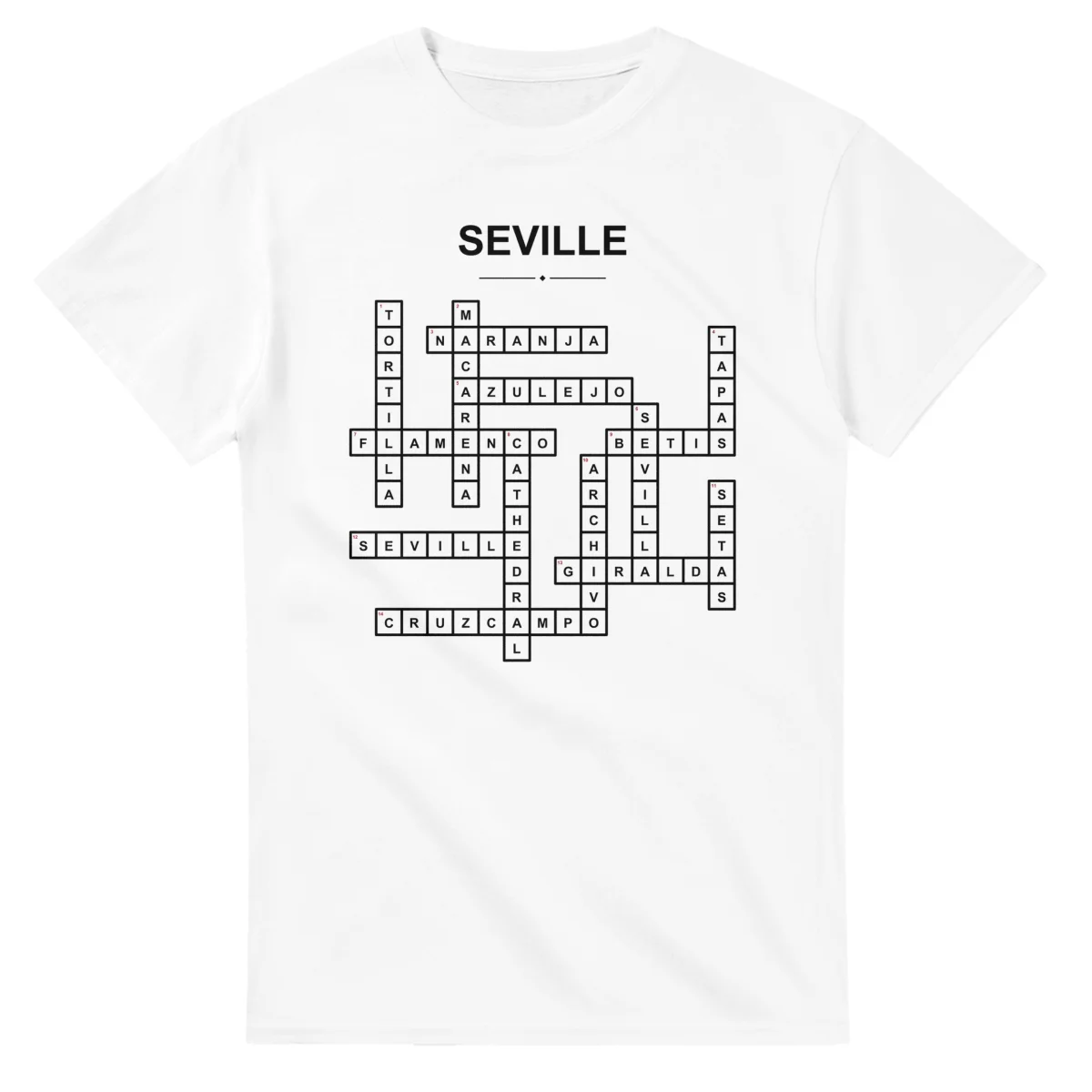Monochrome crossword sheet for Seville, with a large place-name heading, a letter grid, and numbered across and down clues.