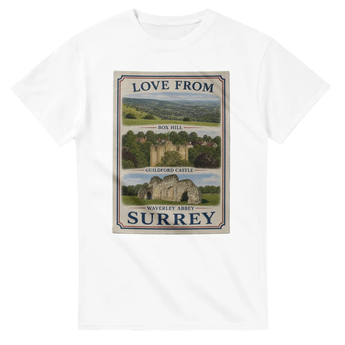 Framed scenic design for Surrey, with several local views, a decorative border and LOVE FROM lettering.