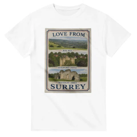 Framed scenic design for Surrey, with several local views, a decorative border and LOVE FROM lettering.