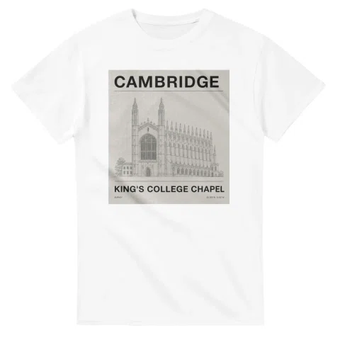 Fine-line engraving-style drawing for Cambridge, with a landmark caption and small coordinate text.