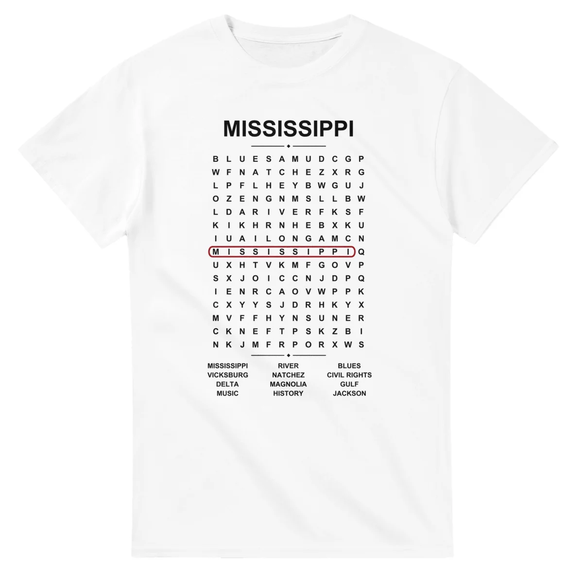 Word-search sheet for Mississippi, with a large place-name heading, a letter grid, a local answer list, and a red highlighted example word.