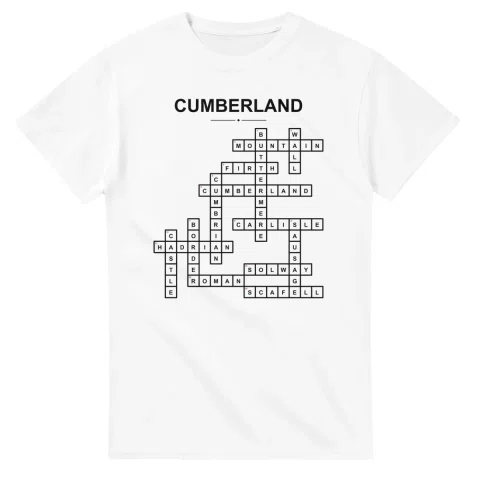 Monochrome crossword sheet for Cumberland, with a large place-name heading, a letter grid, and numbered across and down clues.