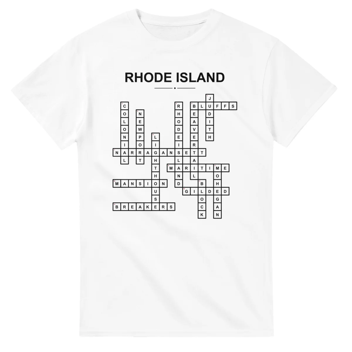 Monochrome crossword sheet for Rhode Island, with a large place-name heading, a letter grid, and numbered across and down clues.