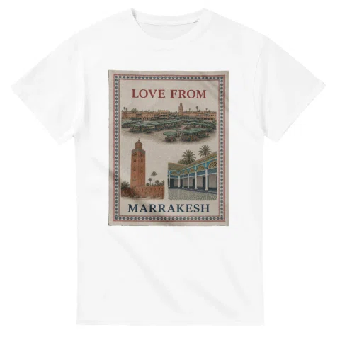 Framed scenic design for Marrakesh, with several local views, a decorative border and LOVE FROM lettering.