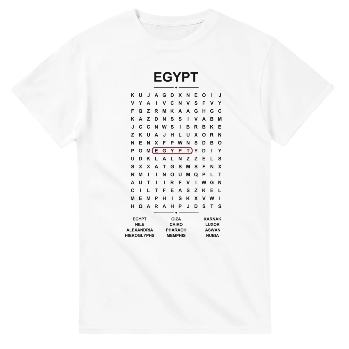 Word-search sheet for Egypt, with a large place-name heading, a letter grid, a local answer list, and a red highlighted example word.
