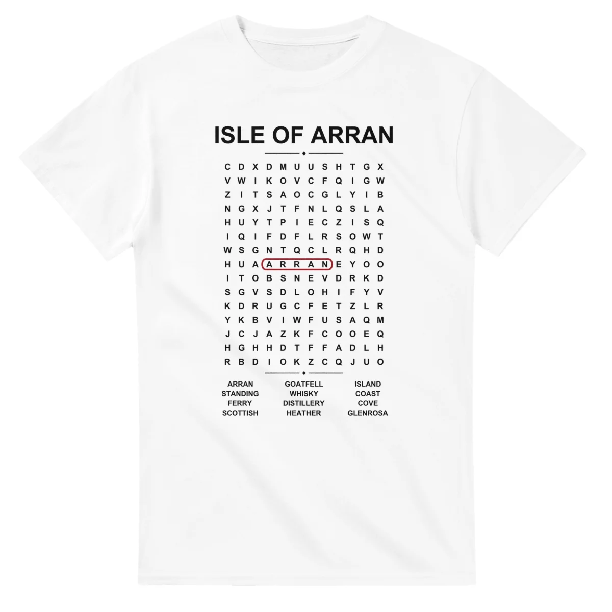 Word-search sheet for Isle of Arran, with a large place-name heading, a letter grid, a local answer list, and a red highlighted example word.
