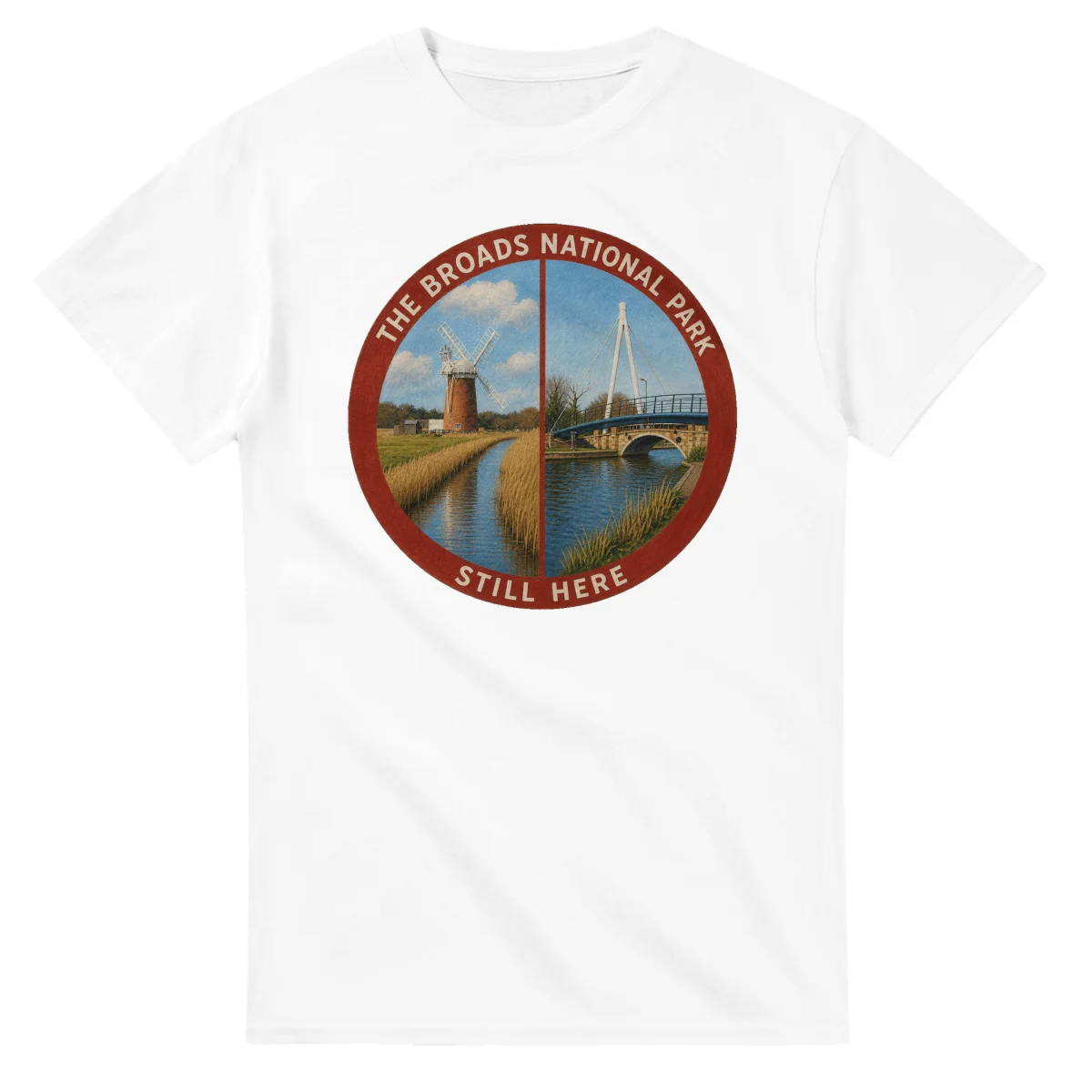 Painted, panelled scenic illustration for The Broads National Park, with paired local scenes and the place name in lettering.